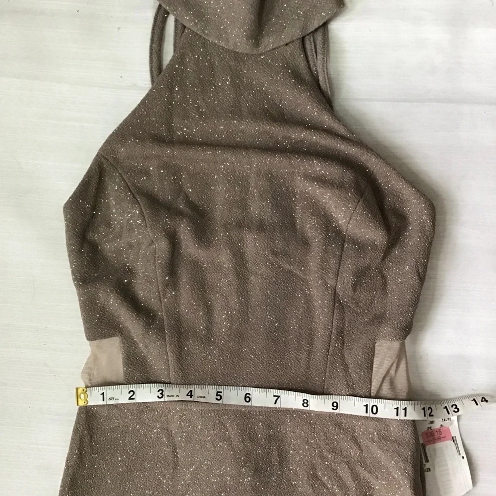 NWT- XTRAORDINARY WOMEN ELEGANT TAUPE GLITTER STRING CUT OUT BACK EVENT DRESS 1